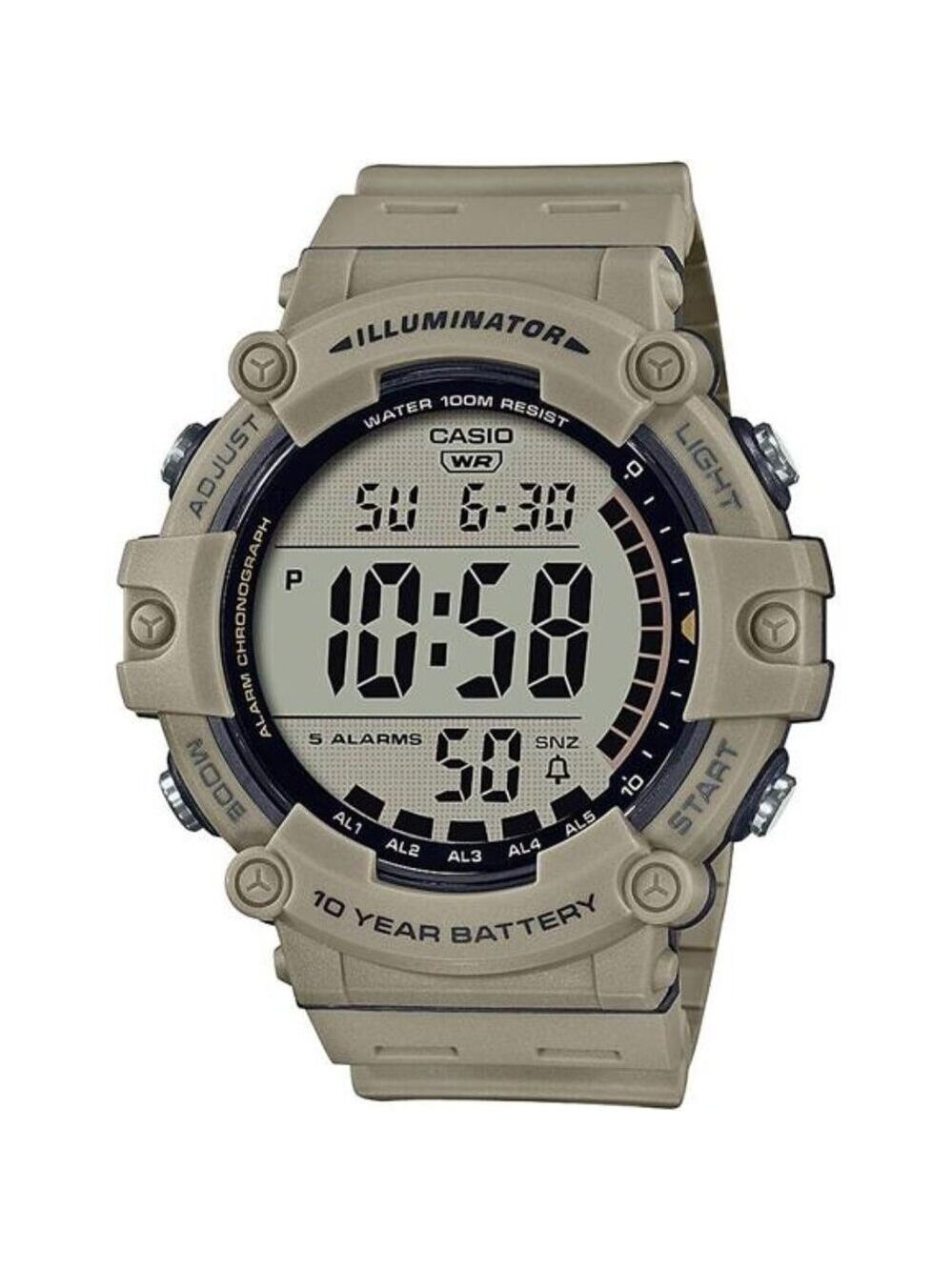 Mens Digital Watch LED Backlight 10 Year Battery Stopwatch 5 Alarms Water Resist